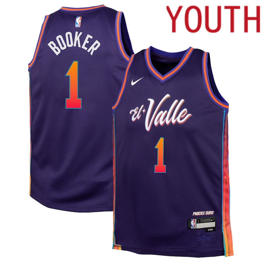 Youth Phoenix Suns 1 Devin Booker Nike Purple City Edition 2023-24 Swingman Replica NBA Jersey